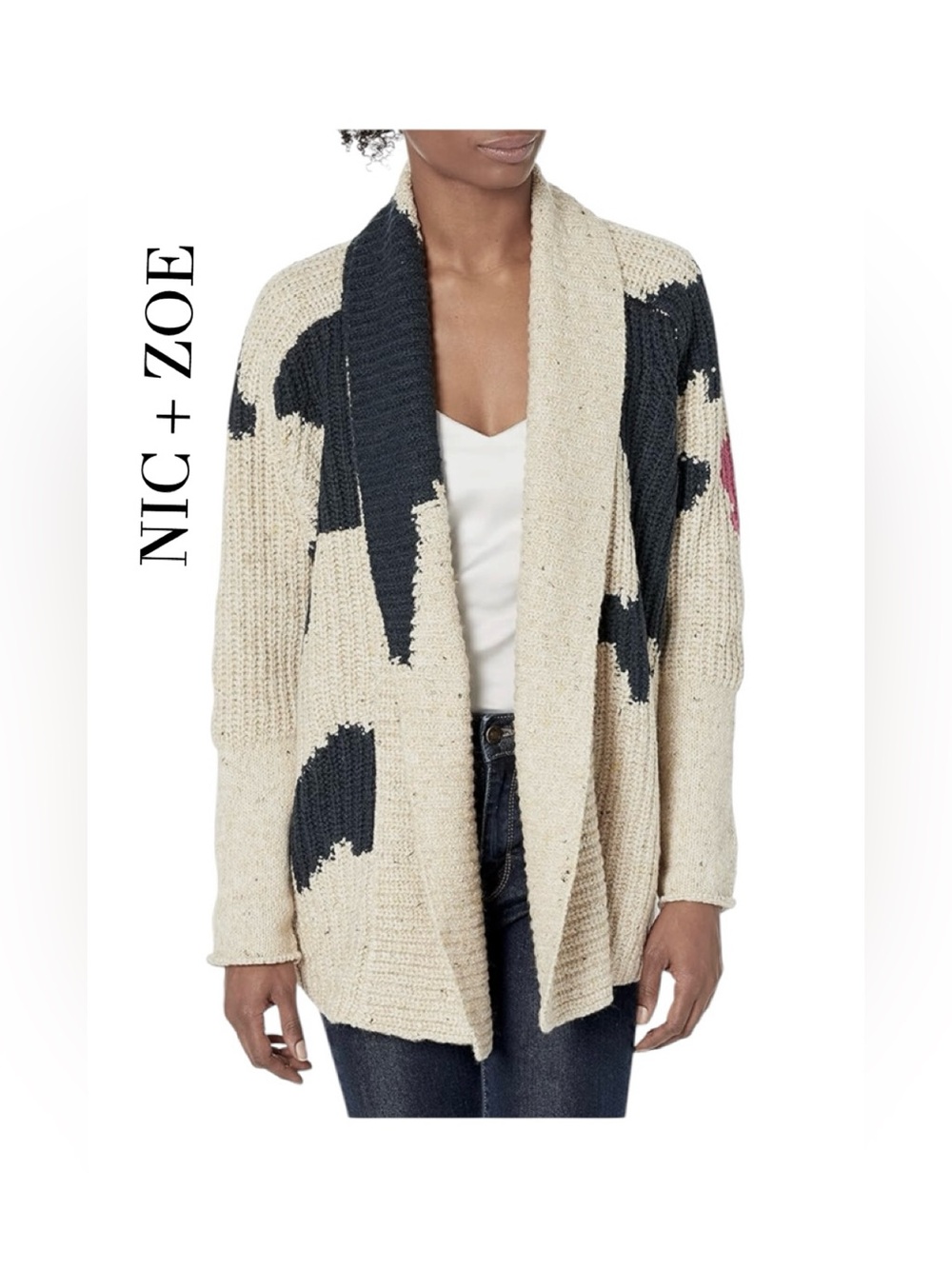 NIC+ZOE Cream Cardigan with Navy Motif and Pink Accent Size Medium